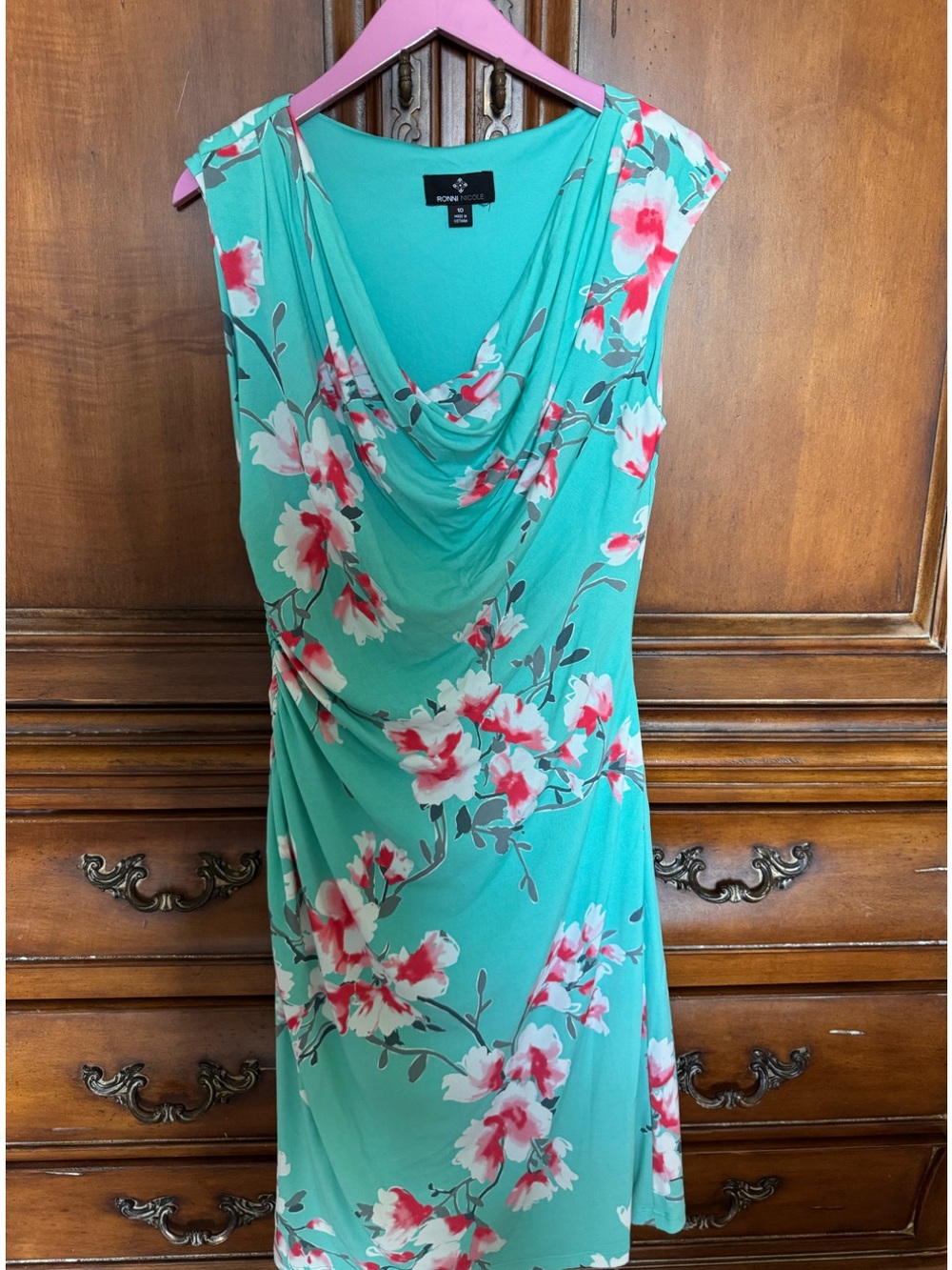 Ronni Nicole Light Teal Floral Cowl Neck Dress with Pink Accents